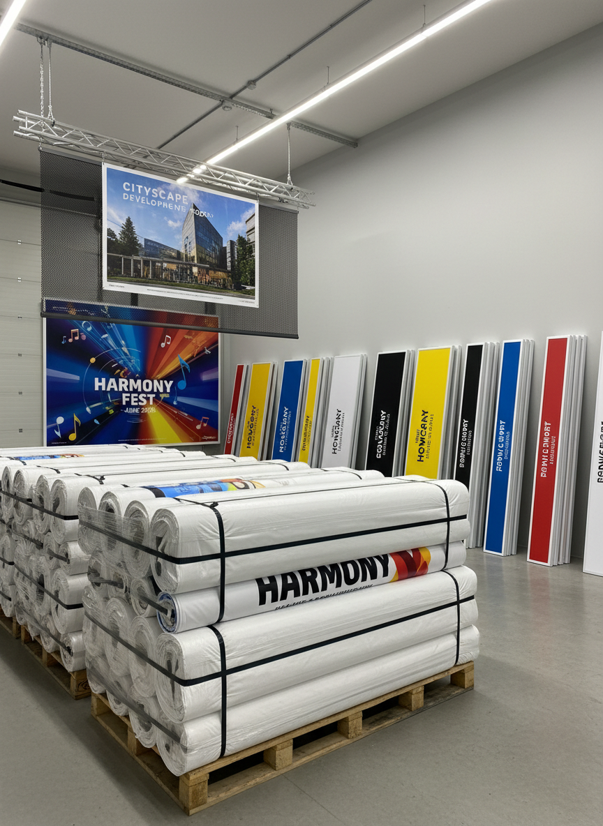 An organized indoor staging area where finished outdoor banners, mesh façades, and rigid signs are stacked and hung, ready for delivery and installation. Large, rolled PVC banners are strapped on pallets, while rigid composite panels lean in tidy rows against a wall. The printed surfaces are immaculate, without wrinkles or imperfections, showing deep blacks and bright colors. Bright, neutral overhead lighting ensures uniform illumination with minimal shadows, ideal for inspection. Shot from an eye-level perspective with a slightly wide lens, the composition balances foreground detail with a clear sense of depth. The mood is orderly and efficient, reinforcing a professional print company that delivers fast, high-quality, and cost-effective outdoor advertising solutions.