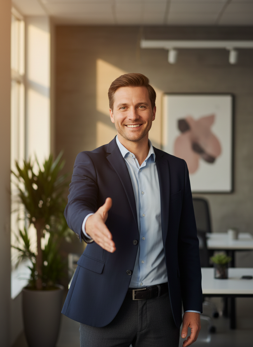 A smiling professional manager in business casual attire extending their hand for a handshake, friendly and welcoming expression, office or neutral background, warm natural lighting, eye-level perspective, photorealistic style, portrait orientation